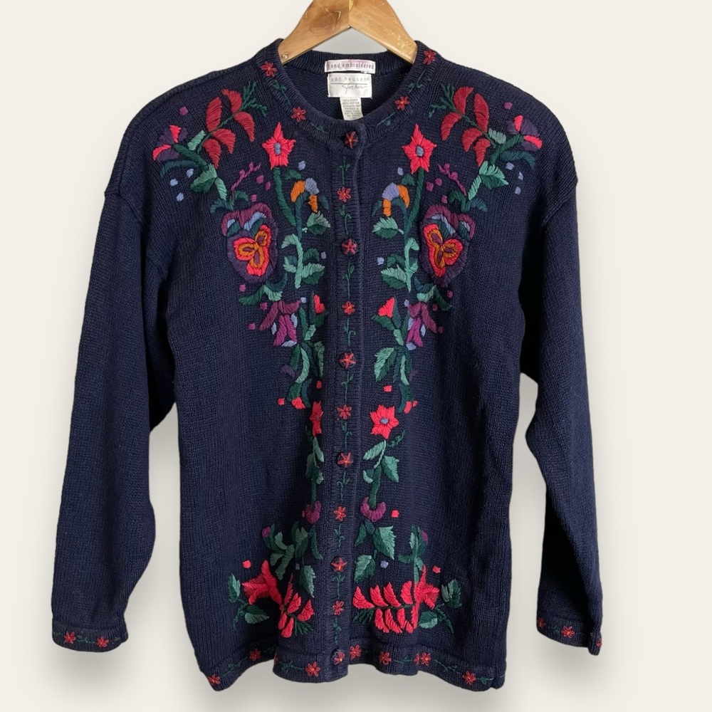 Vintage Embroidered Cardigan Sweater Floral Blue‎ Preowned Cottagecore Medium